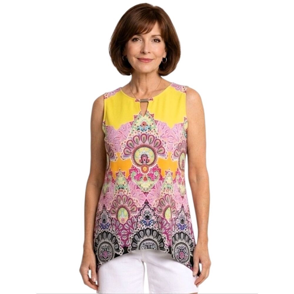 Sunny Leigh Bright Multi Color Keyhole Sleeveless Handkerchief Hem Tunic Top M